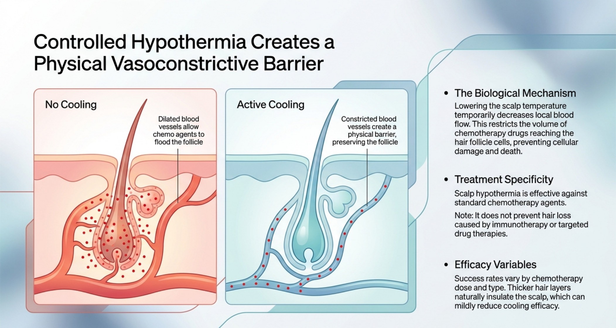 Slide titled Controlled Hypothermia Creates a Physical Vasoconstrictive Barrier, contrasting dilated blood vessels with no cooling against constricted vessels under active cooling.